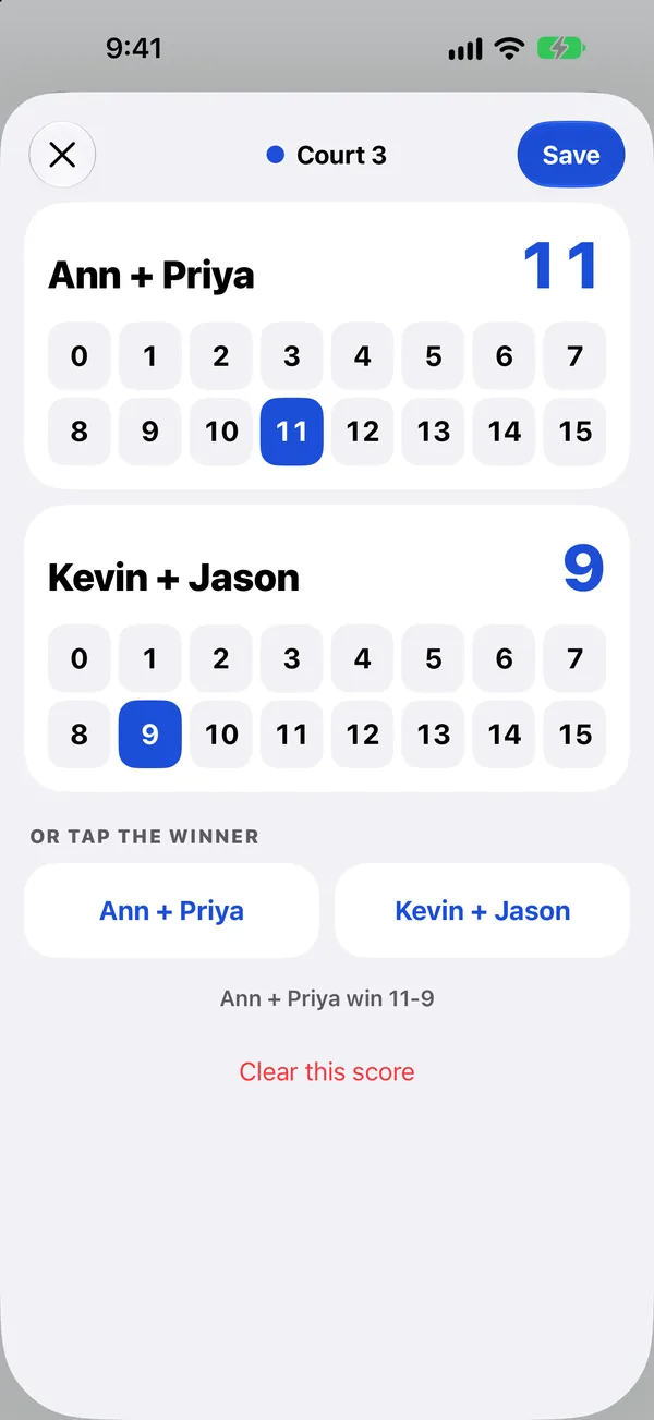 Entering the score for Court 3 with one tap per team